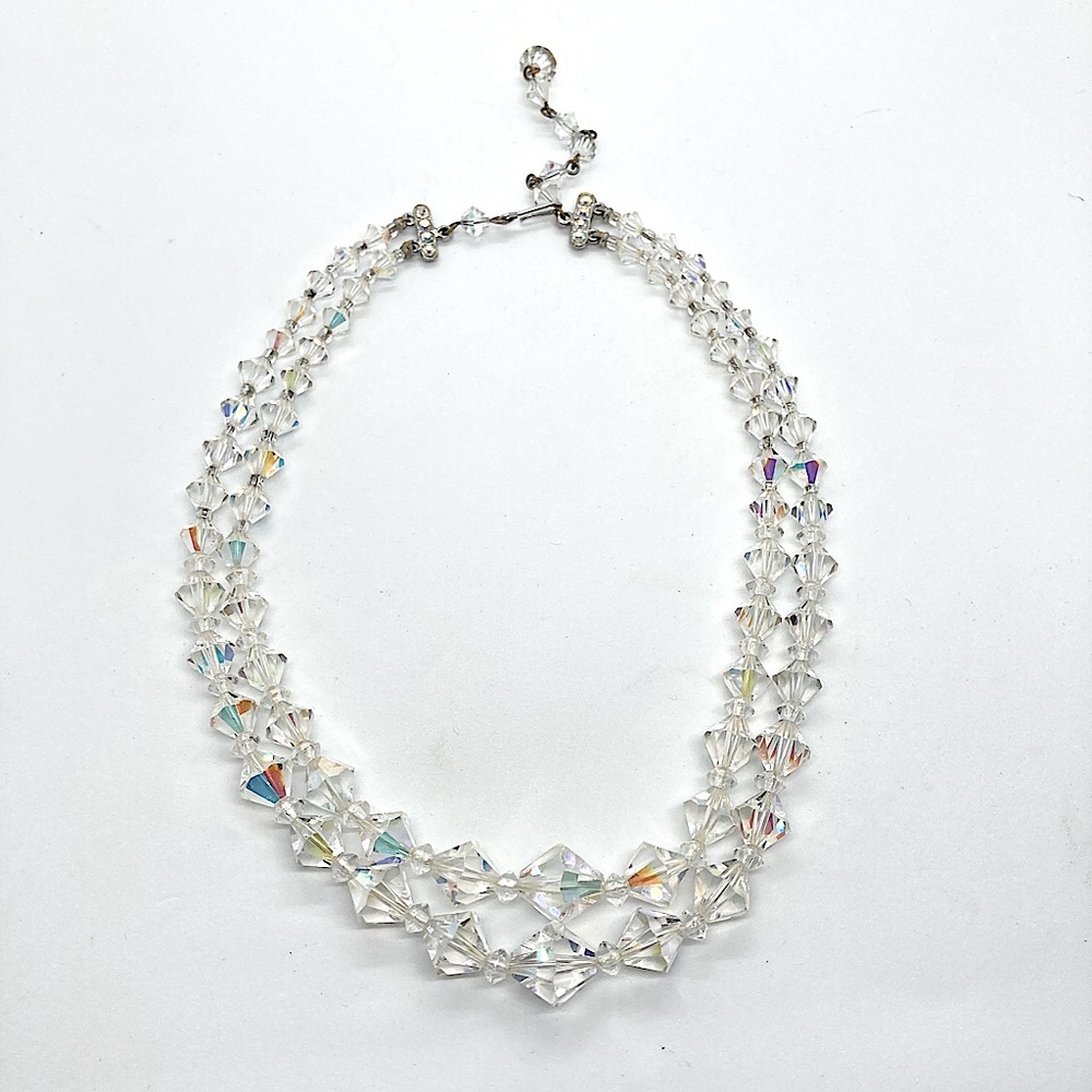 Vtg AB Aurora Borealis Crystal Double Strand Faceted Bead Necklace w Hook Clasp